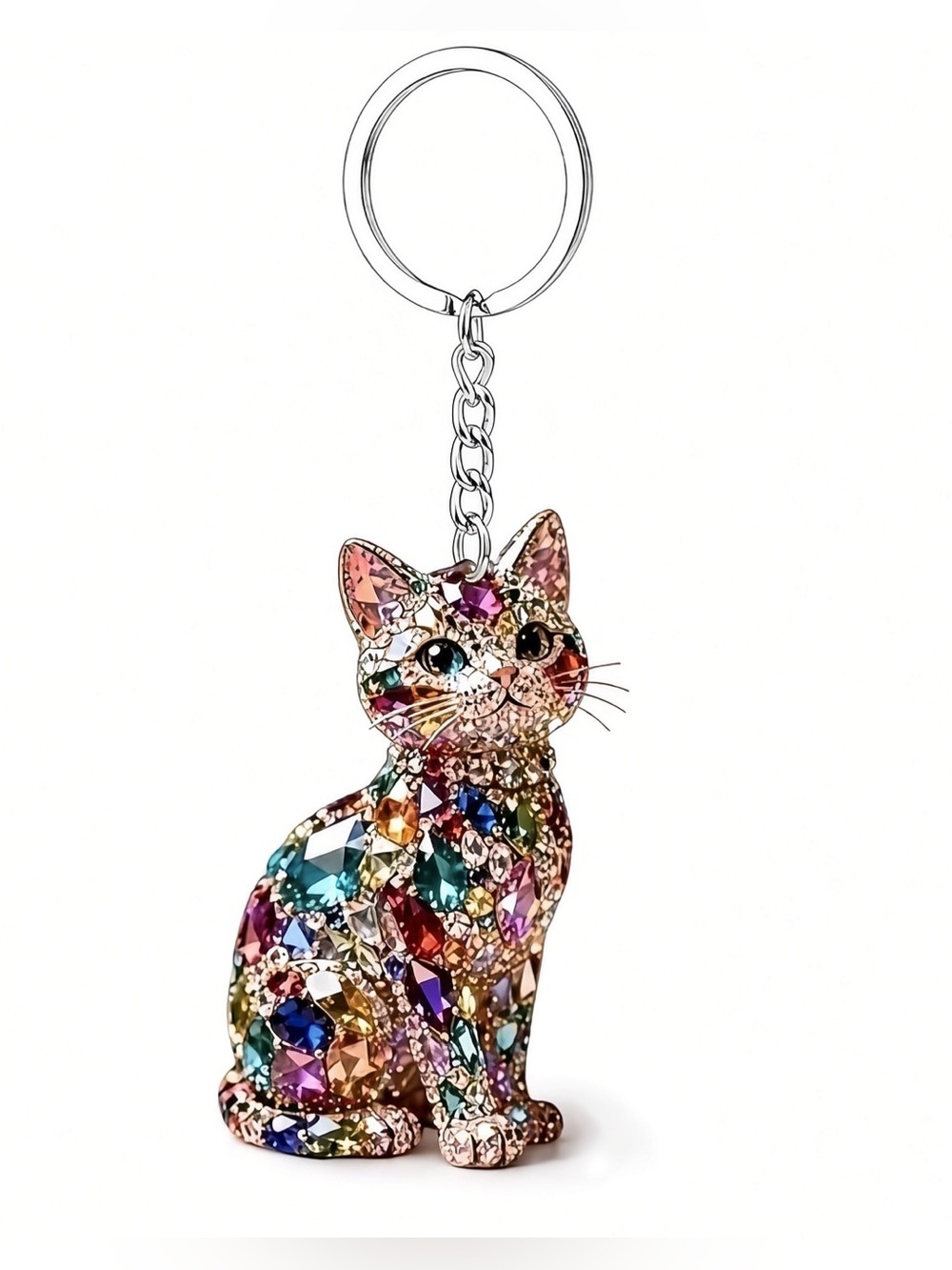 Rhinestone cat 2D FLAT acrylic silver keychain